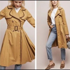 Anthropologie Ett:Twa Marley Trench Coat in Tan Brown Trim Cotton, Sz 6 NO BELT